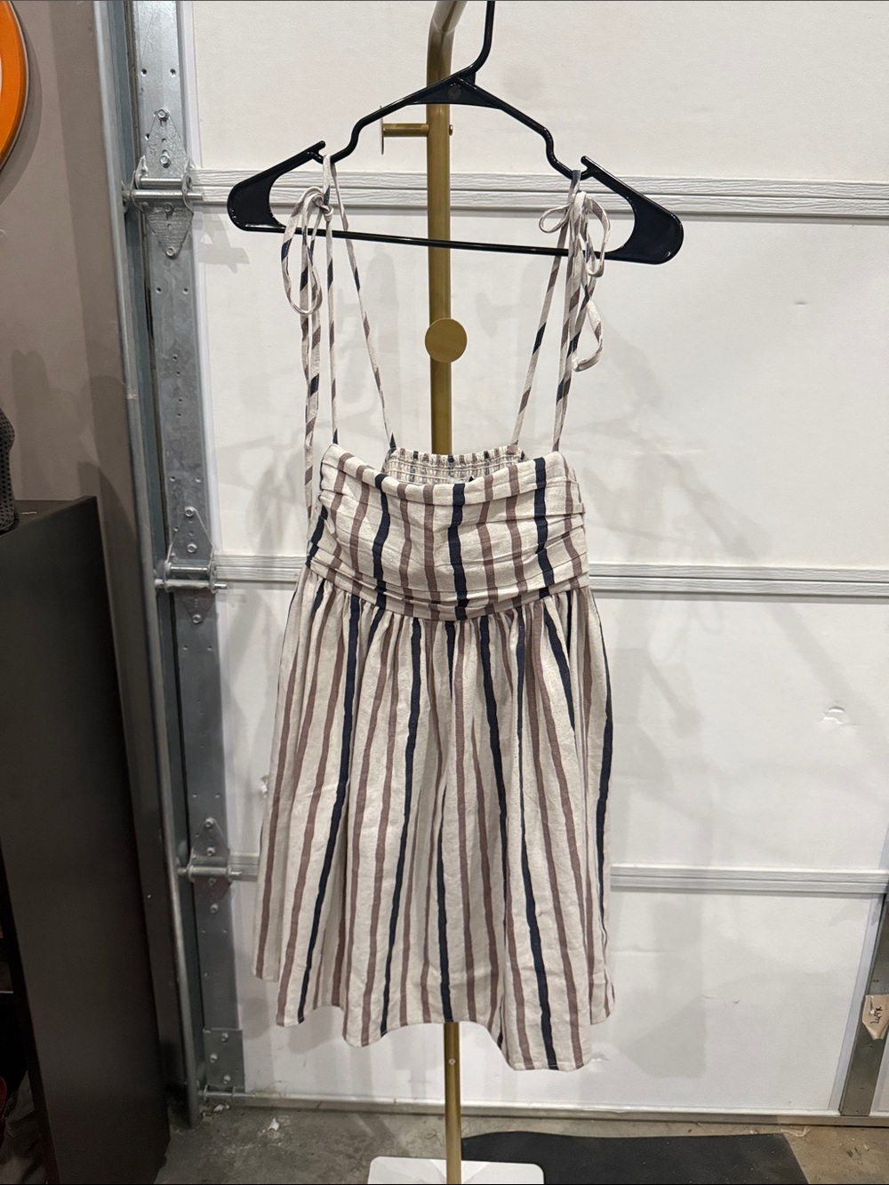 Striped Tie-Shoulder Mini Dress in Cream and Navy